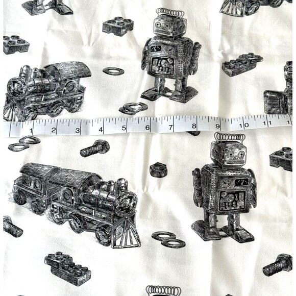 Robots Trains Bolts Black Off White Fabric Boys Cotton Quilt Fabric BTY - Picture 3 of 6